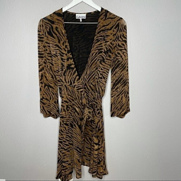 GANNI Tiger Print Brown Long Sleeve Wrap Dress - Picture 2 of 5